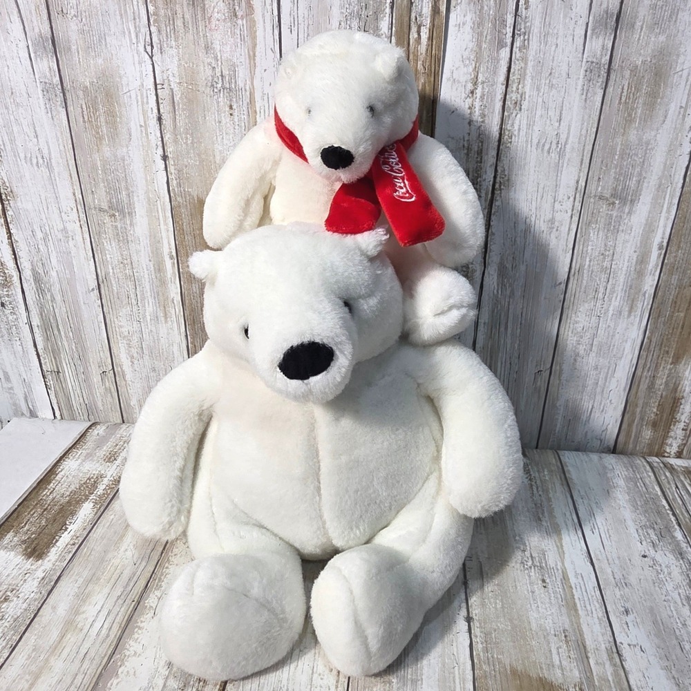 Coca-Cola Polar Bear Plush Set White Red Scarf Advertising Collectible 2pc